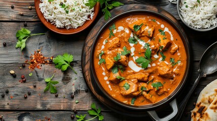 A delicious butter chicken curry dish from Indian cuisine, featuring tender pieces of chicken cooked in a rich, creamy tomato-based sauce.