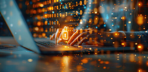 A person typing on their laptop with an illuminated padlock icon floating above the keyboard, surrounded by digital code and cyber security symbols.