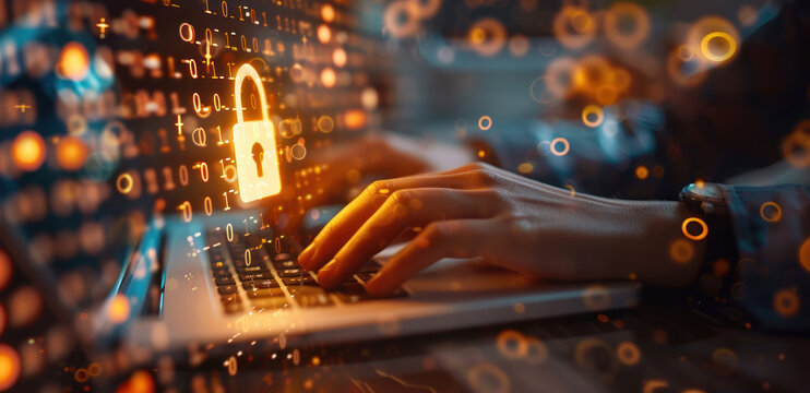 A person typing on their laptop with an illuminated padlock icon floating above the keyboard, surrounded by digital code and cyber security symbols. 