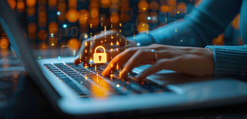 A person typing on their laptop with an illuminated padlock icon floating above the keyboard, surrounded by digital code and cyber security symbols. 