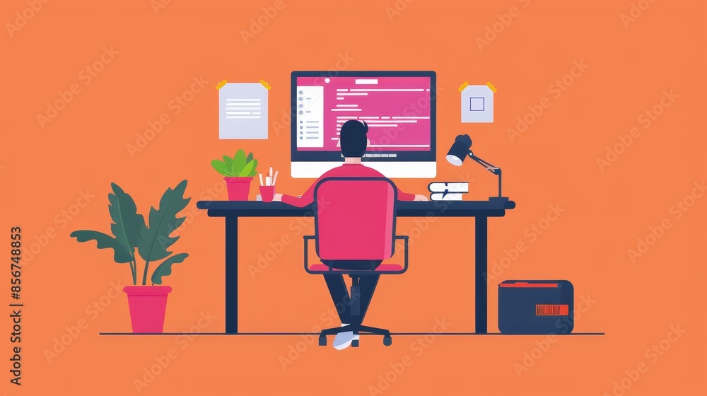 Poster man working at a modern desk setup - a person sits at a desk with a computer setup, surrounded by va