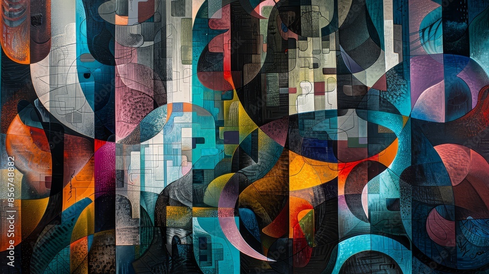 Poster abstract colorful mural art - a mural features a complex abstract design with intertwining shapes an