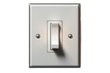 A Single White Light Switch In A Silver Frame on a Clear PNG or White Background.