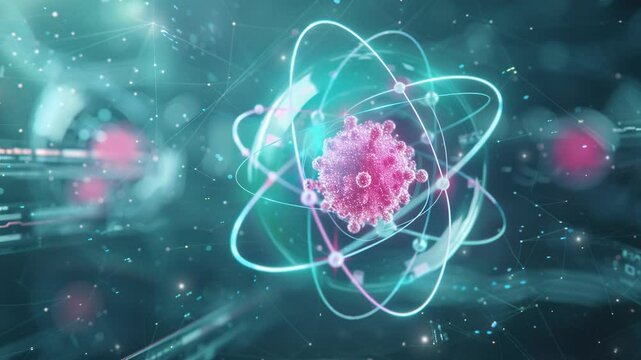 A vector illustration of an atom with glowing neon colored. Abstract futuristic neon colorful atom model. Abstract background with an atom. Science. Atomic structure.