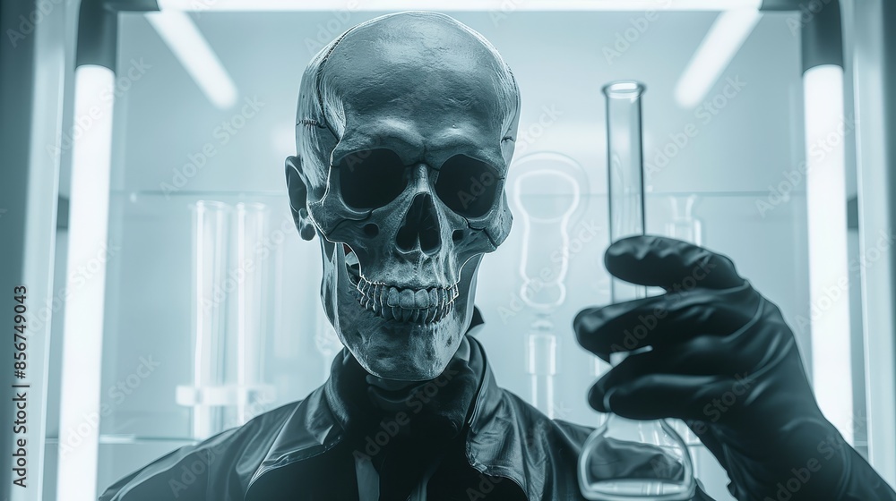 Poster scientist with blurred face holding flask - a scientist in a lab coat examines a flask with chemical