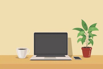 drawing of a stylish desktop with a laptop, a plant and a cup of coffee