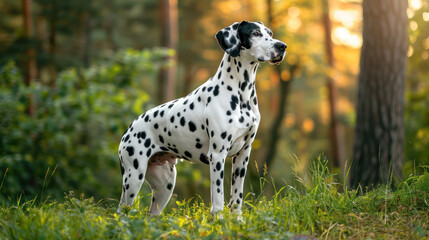 a photo of a full-body Dalmatian dog with black spots, set in a natural outdoor environment.