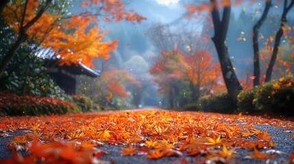 Autumn Leaves on a Pathway in Japan