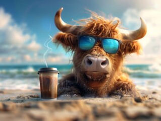 Cool cow with sunglasses relaxing on the beach with a coffee, enjoying the sunny day and calm ocean waves.