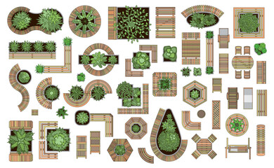 Top view. Set of isolated elements for landscaping design, wooden paths and decking trees, benches, flower beds, bushes, trees, table and chairs. Picnic area. Vector illustration. View from above. 