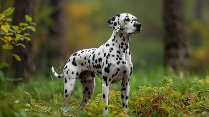 a photo of a full-body Dalmatian dog with black spots, set in a natural outdoor environment.