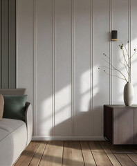 Modern nordic minimalist interior design. Aesthetic scandinavian elegant living room design. Copy space mock up. Clean walls for decoration in the apartment. Neutral palette of natural colors.