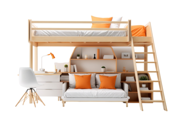 A Futuristic Loft Bed With Built-In Workspace and a Cozy Couch on a Clear PNG or White Background.