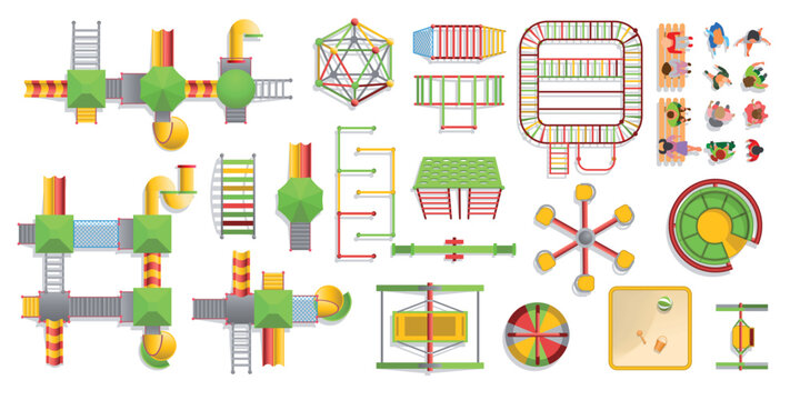 Top view. A set of elements for a children's outdoor playground, slides, stairs, houses, swings, sandboxes, mazes, children, parents sitting on a bench. Vector illustration. View from above