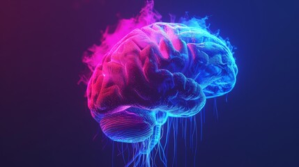 Illuminated neon brain with smoke effect - A vibrant digital illustration of a human brain with neon lighting and smoke effects, representing brain activity or intelligence