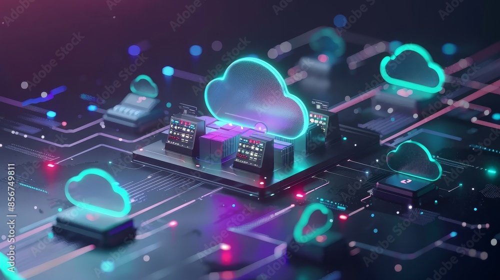 Poster futuristic cloud computing on circuit board - a visually engaging illustration of cloud computing co