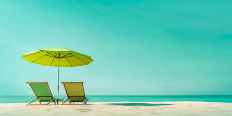 Relaxing beach setup with green umbrella and chairs; web hero; space for copy