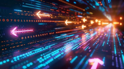 Vibrant digital data stream concept - Abstract representation of a digital data stream with flowing binary code and directional arrows, suggesting fast data transfer or computing