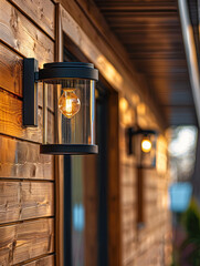 A lamp is mounted on the side wall of a wood-paneled house. clear glass lamp shade and black metal body