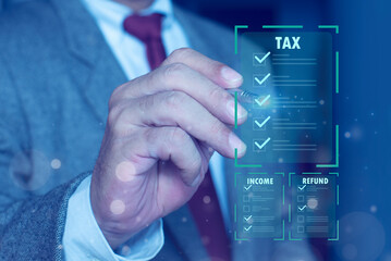 Businessman checks list of tax documents online on virtual screen. Business document paper icon, Document Management System, DMS.