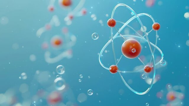 Abstract background with an atom. Atom structure with glowing particles on dark background. Background Microscopic atomic particle system. Atomic structure. Science.