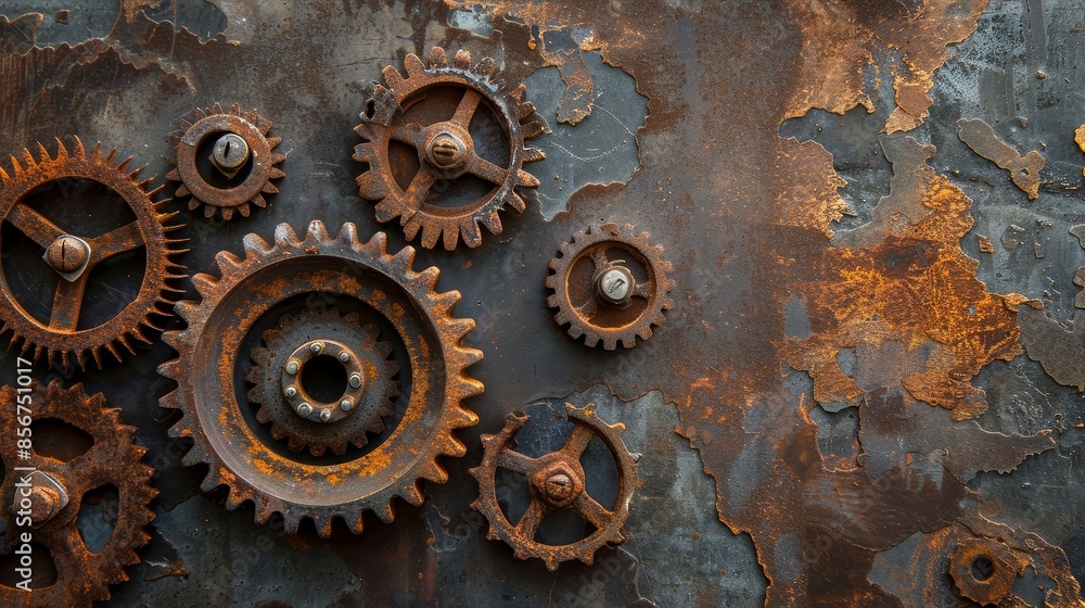 Aufkleber interconnected rusty gears on a rugged surface - close-up of interconnected rusty gears on a rugged 