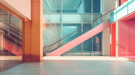 Modern empty escalator in a colorful building - Contemporary architecture featuring an empty escalator within a building with colorful glass panels