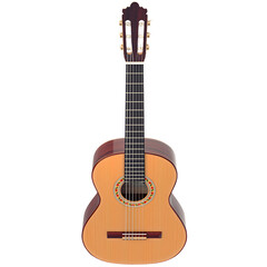 A top view of a classical guitar against a white background, highlighting its body and strings. Perfect for use in musical instrument promotions and educational resources.