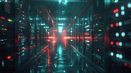 Obraz premium Futuristic data center server racks - High-tech data center with glowing server racks conveys advanced computing and information storage