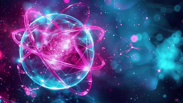 A vector illustration of an atom with glowing neon colored. Abstract futuristic neon colorful atom model. Abstract background with an atom. Science. Atomic structure.