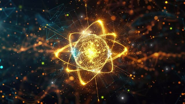 Abstract background with an atom. Atom structure with glowing particles on dark background. Background Microscopic atomic particle system. Atomic structure. Science.