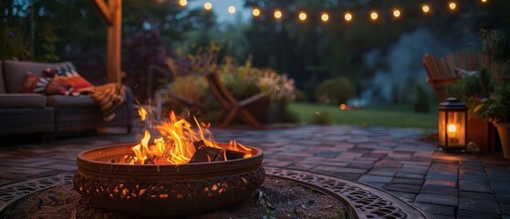 Cozy fire pit with string lights in backyard.