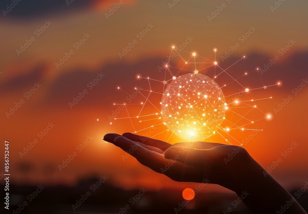 Poster hands holding global network and data customer connection against a natural background.
