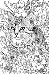 A black and white illustration of a cat nestled within a bouquet of intricate flowers
