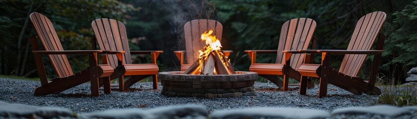 Four wooden chairs around a fire pit with flames.