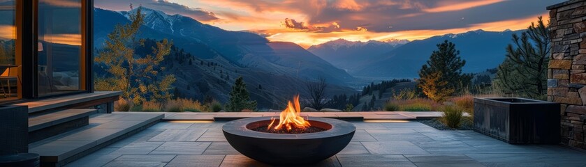 Modern patio with fire pit overlooking majestic mountain landscape during a stunning sunset, perfect for relaxation and outdoor gatherings.