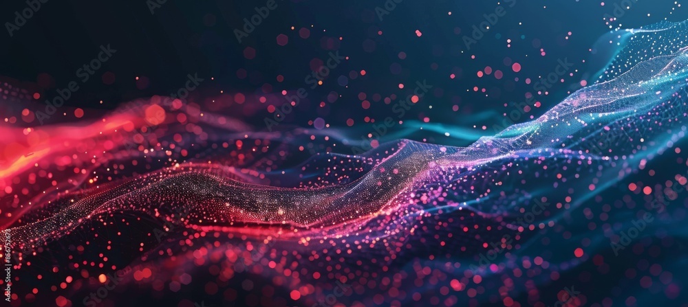 Poster an abstract mesh with dots and lines connecting to form a wave. 3d rendering.
