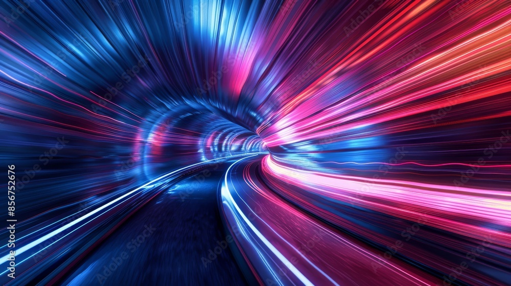 Poster a 3d rendering of a blue curved tunnel with a puddle reflecting a puddle on a wet dark surface. conc