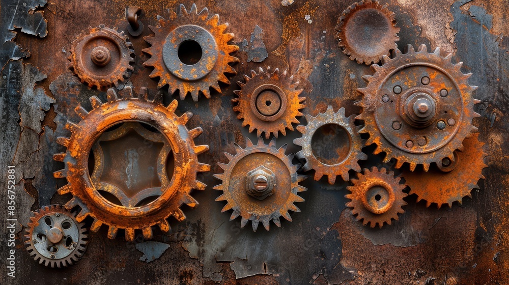 Poster assorted rusty gears on decayed metal surface - various sizes of rusty metal gears scattered on a de
