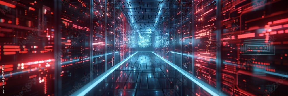 Poster a futuristic technology abstract background with neon lights into a tunnel of digital technology. th