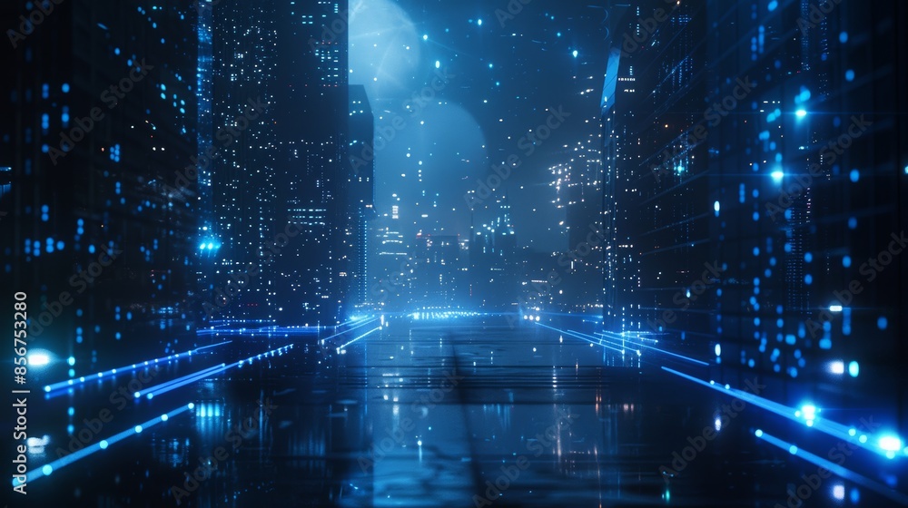 Poster the rendering shows a mega city on a spherical planet shape with glowing led lights at night, for a 