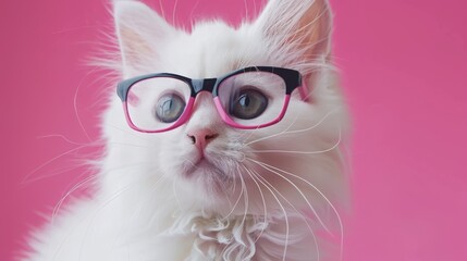 White Cat Wearing Pink Glasses