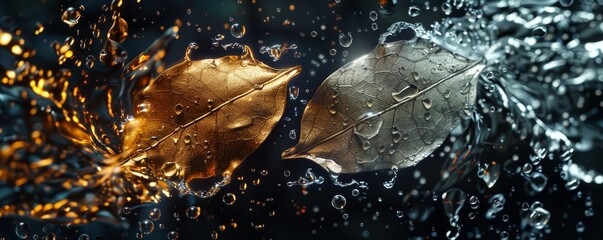 Stunning 3D art featuring two leaves made from water droplets in a dynamic scene