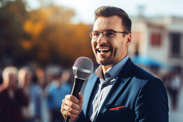 Generative AI illustration Professional reporter journalist in front of camera making live reportage