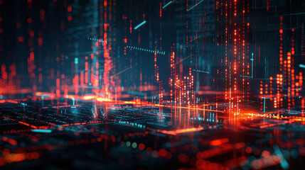 Obraz premium A stock market graph overlaying a digital map represents a financial crisis with a bearish trend in a digital graphic style on a dark background.