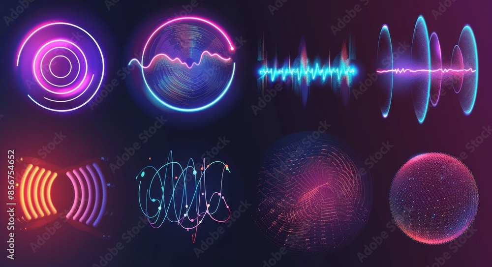 Poster the circular equalizer with multiple colors and particle impulses. ingenious modern illustration wit