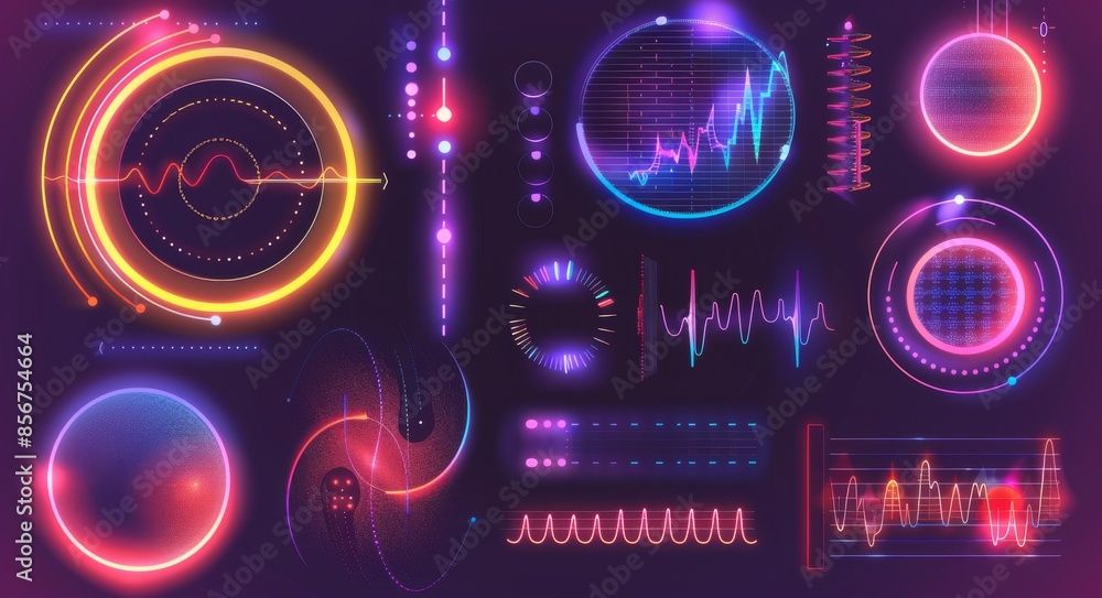 Poster waveforms radial sound. multicolour particle impulse digital signal electromagnetic spectrum frequen