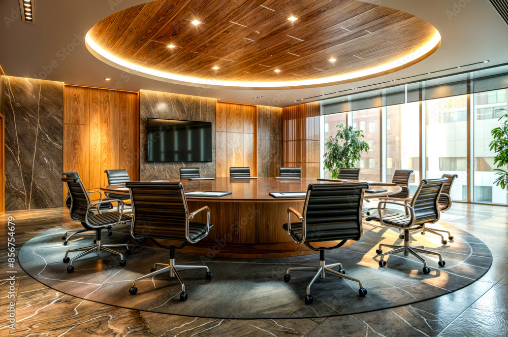 Poster conference room with round table and chairs in front of large window.