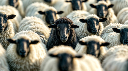 Herd of sheep standing next to each other on lush green field.