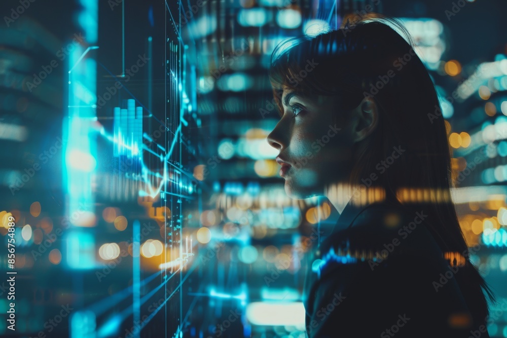 Poster a person working on data analysis using a hologram, a computer, or a ui software. a black woman usin